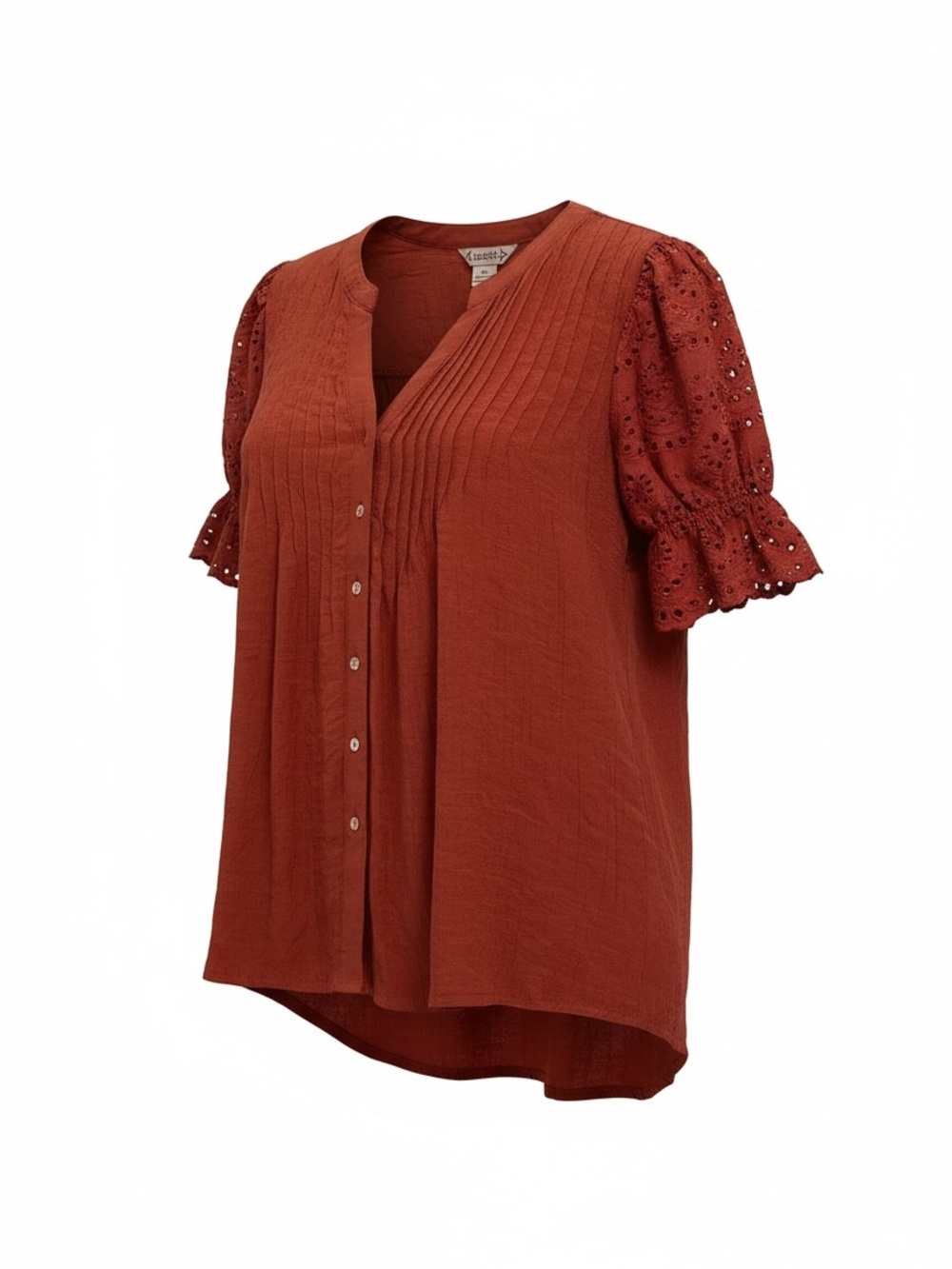 Nanette Lepore Rust Button-Front Eyelet Puff Sleeve Blouse